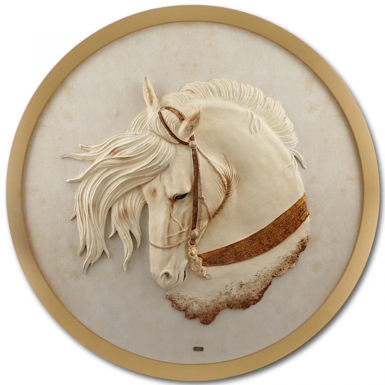 تابلو پلی رزين اسب سفيد با فريم چاپ دار لوتوس کد PH-3002-P YANNI رنگ طلایی